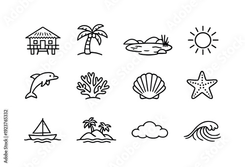 Island vacation fantasy. Line outline icon set of Island vacation fantasy: tropical hut,