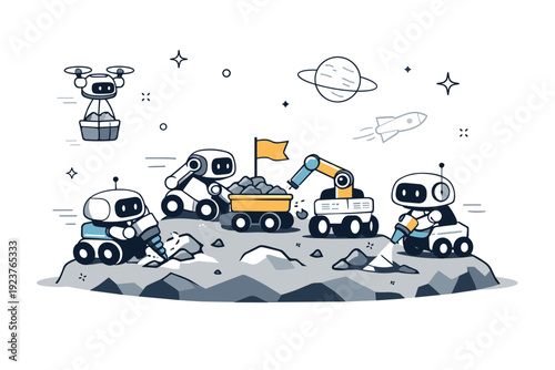 Autonomous mining robots. Small robots working together on the surface of an asteroid in space. The scene highlights teamwork, automation,