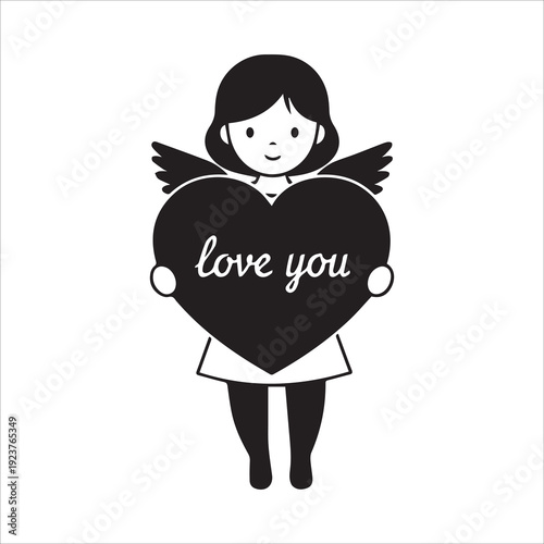 Cupid Angel Girl Character Holding a Large Heart with Love You Message
