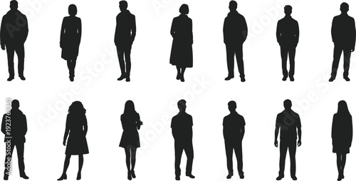 Diverse People Silhouettes Standing in Casual and Business Attire on White Background woman
