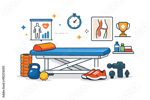 Rehabilitation and physical therapy for athletes modern clinic scene with massage table and recovery tools, expressing care, expertise and