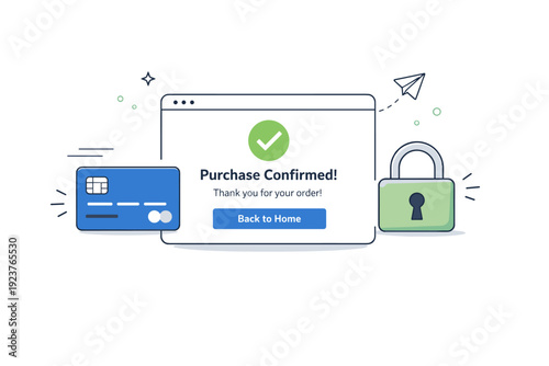 Secure checkout process. A credit card and lock icon next to a screen confirming purchase, expressing safe and smooth transaction. Friendly