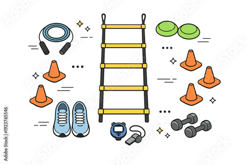 Gym agility ladder practice. Ladder, cones, and small fitness accessories arranged from top view to suggest coordinated workout routine. Calm and motivating