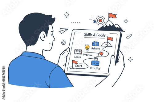 Professional development. A person reviewing a growth chart or roadmap on a tablet, focusing on skills and future goals. Focused