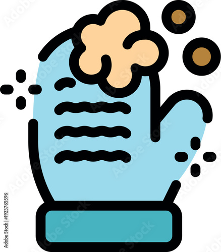 Light blue cleaning glove with soap suds and foam bubbles, ideal for representing dishwashing, hygiene, and cleanliness