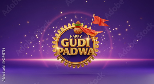 Gudi padwa ugadi indian new year festival video with golden emblem traditional flag spiritual celebration background for greeting branding promotion