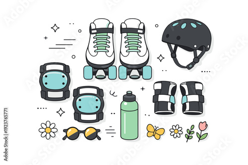 Roller skating season opening. Top-down flat lay with skates, helmet, knee pads, and small spring accessories arranged neatly. Organized