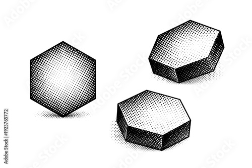 Geometric dotted hexagon shape, a single hexagonal shape object shown in front view, slight tilt view, and three-quarter perspective view as a unified object
