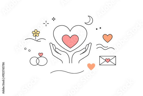 Mother?s love concept background. Abstract symbols of care such as hearts and gentle shapes arranged in a calm, balanced composition. Warm