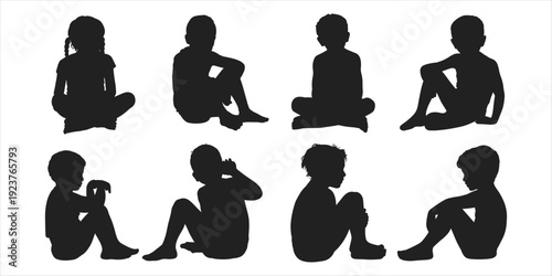Diverse Silhouettes of Children Sitting in Various Poses on White Background kids