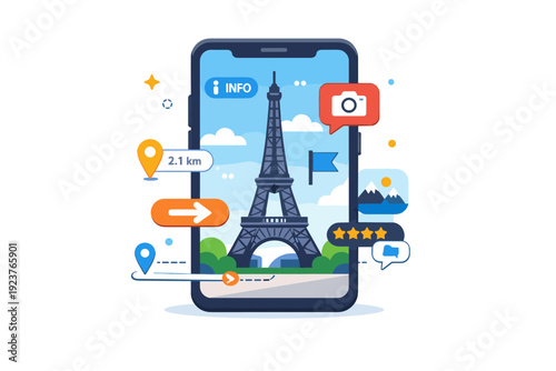 Virtual tourism with augmented reality guides focused on exploring destinations through digital layers and real world context. A compact