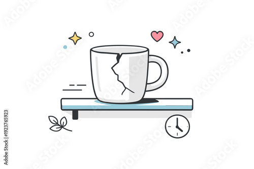 Objects past usefulness. Cracked mug on a shelf, no longer in use but still quietly present. Emotional weight carried by everyday things left