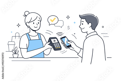 Seamless Digital Transactions. Digital payments adoption. A shop owner accepting a contactless payment via smartphone or card reader, showing ease and modern