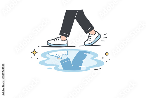 People reflected in puddles. A person walks past a small puddle, their reflection softly visible on the water surface. The scene feels quiet