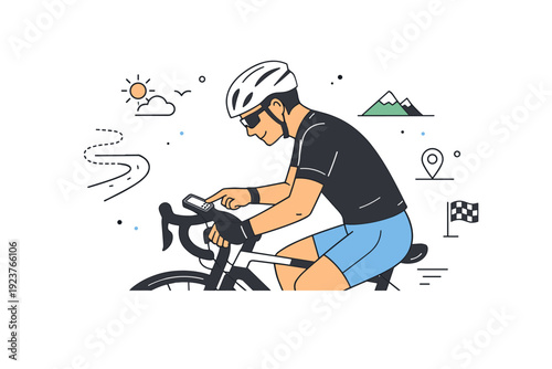 Long-distance spring bike ride. Cyclist checking distance or pace on a bike computer, focused mindset and mindful endurance, clean outdoor