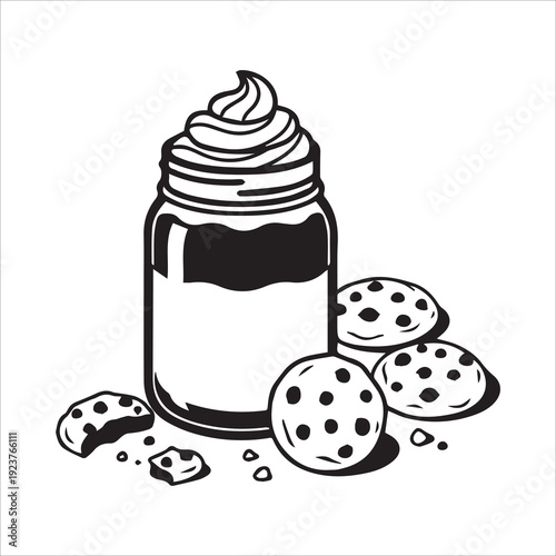 Mason jar milkshake with whipped cream and chocolate chip cookies silhouette illustration