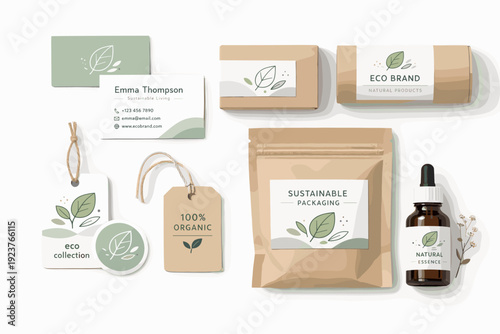 Sustainable brand identity kit. A collection of business cards, labels, and packaging mockups with leaf icons and soft abstract shapes,