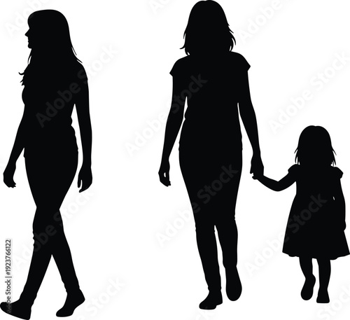 lack silhouettes of women and child walking, family silhouette on white background, mother and daughter holding hands, people walking, isolated.