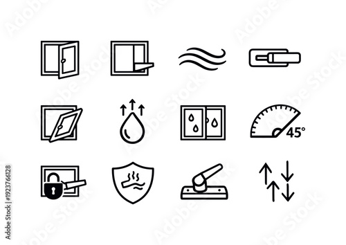 Ventilation Window Control. Line outline icon set of Ventilation Window Control: vent window