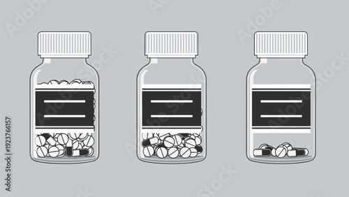 Three clear plastic prescription bottles filled with various pills and capsules against a neutral gray background.