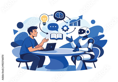 Co-learning environment. Human and AI exchange ideas around an abstract table, floating