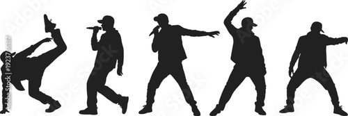 Dynamic Silhouettes of Male Dancers and Rappers in Action Poses on White Background vector illustration