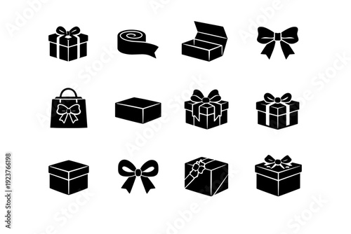 Luxury gift packaging. Solid icon set of Luxury gift packaging: premium gift box, silk ribbon, magnetic box, elegant bow, luxury package, minimalist gift box,