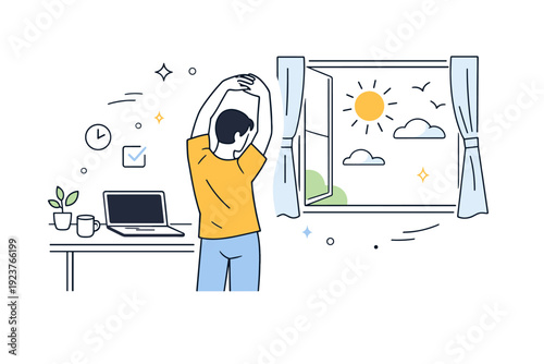 Summer breaks between work sprints. A person steps away from a laptop to stretch near an open window, sunlight filling the space. Short