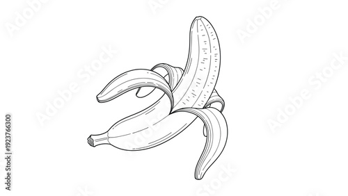 Black and white illustration of a partially peeled banana on a white background.