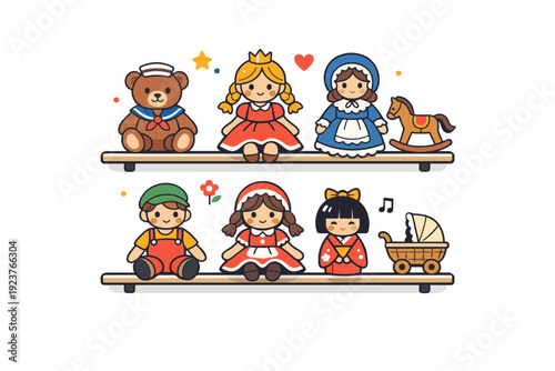 Vintage Doll Collection. Doll collection vintage-style dolls arranged on simple shelves, reflecting nostalgia, craftsmanship and emotional value. A clean