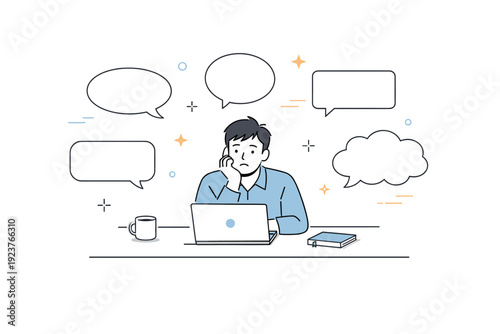 Emotional withdrawal in office life. A person at a desk with muted facial expression, surrounded by empty speech bubbles that do not connect.