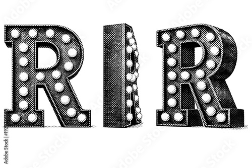 Theatre marquee letter capital letter R marquee sign shown as a single object from three different angles: front view, side view, and three-quarter view. Black