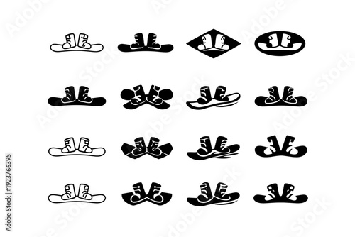 Snowboarding. Icon set. Set Logo of Snowboarding: Snowboard and boots. harmonious logo variations of the same emblematic concept (Minimal