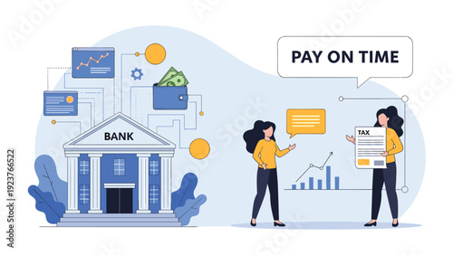 Illustration of a bank with financial data and people discussing payments and taxes.