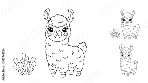 Cute black and white line drawing of a fluffy llama with plants on a white background.