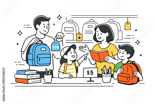 Back to school shopping. A family choosing school items together in a store setting. Friendly decision-making moment with backpacks, books,