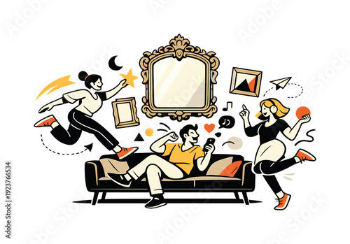 Eclectic interior design. Antique mirror above a sleek sofa, old frames and modern shapes