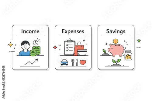 Personal finance ? budgeting. Organized budget cards with icons for income, expenses, and savings arranged neatly, showing planning and awareness. Calm