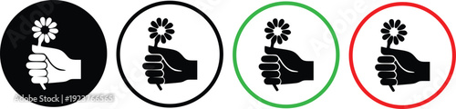 Hand Holding Flower Icon in Circle – Like and Dislike Symbol Vector Set