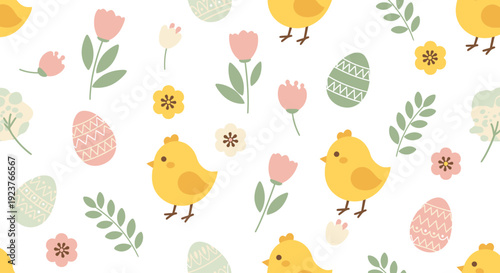 Charming easter chicks and painted eggs pattern with tulips and leaves on white background