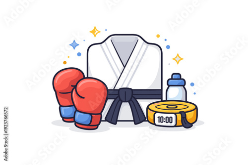 Martial arts compact training vignette with gloves, belt or simple gear elements, capturing readiness, respect and structured practice. A
