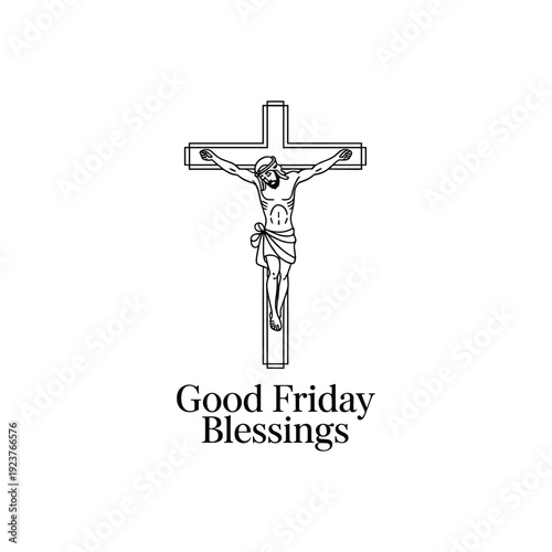Good Friday Blessings with Jesus Christ on Cross Line Art Illustration