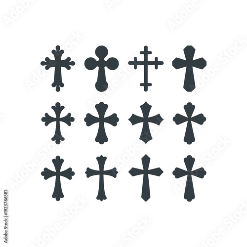 Set of Black Christian Cross Icons in Different Styles – Religious Symbol Collection Vector