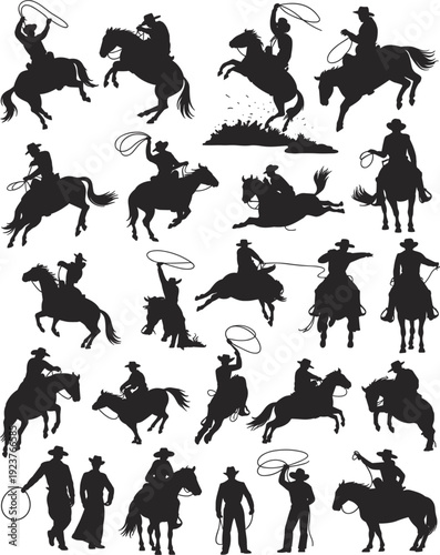 Extensive Collection of Cowboy and Horse Silhouettes in Rodeo Actions illustration untitled