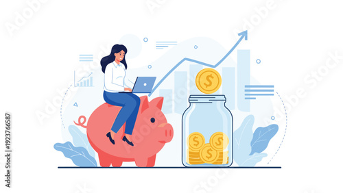 Woman with laptop sitting on piggy bank near jar of coins with growing graph.