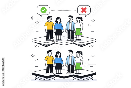 Shared Outcomes Illustration. Group decisions with shared consequences. Characters standing on connected platforms that rise or lower together after a joint
