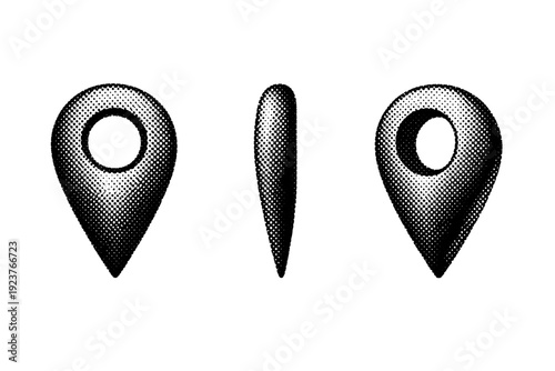 Halftone infographic location marker shown as a single object presented in three views: front view, side view, and three-quarter view. Black