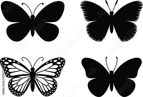 Four Black Silhouettes of Butterflies with Different Wing Designs on White Background butterfly insect