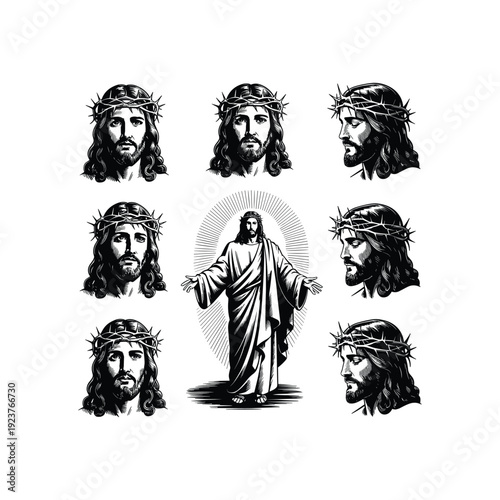 Jesus Christ Portrait Set with Crown of Thorns and Sacred Heart Christian Illustration Collection