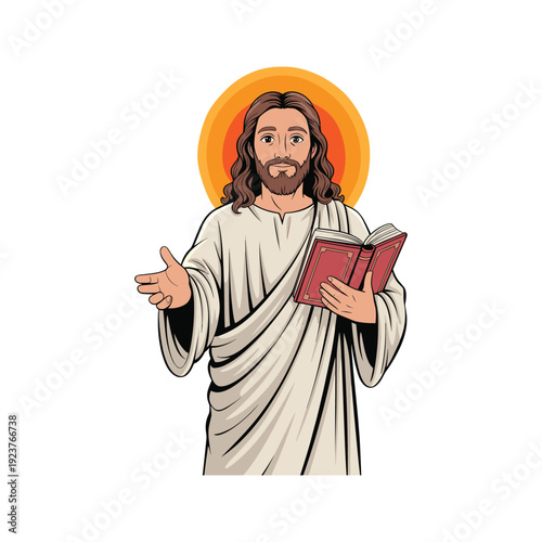 Jesus Christ Cartoon Illustration with Bible and Halo – Christian Religious Vector Art